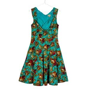 LINDY BOP Vintage Pinup Ophelia Rockabilly Turquoise Floral Midi Dress SZ Medium